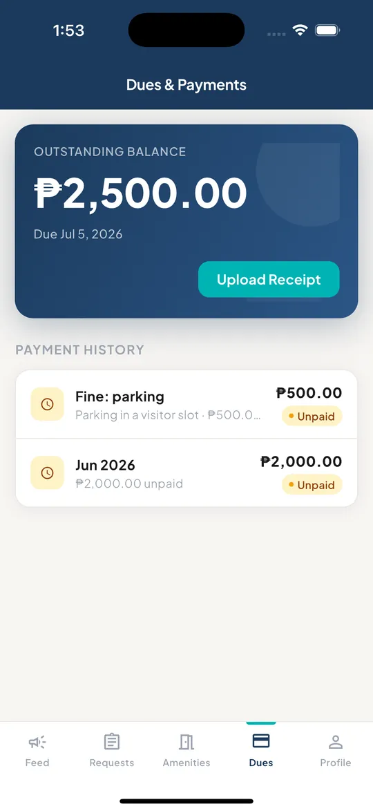 HOAHub dues and payments screen with outstanding balance, receipt upload and payment history
