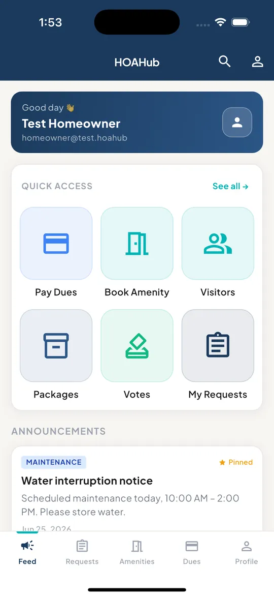 HOAHub resident home screen with quick access to dues, amenities, visitors, packages, votes and requests, plus a pinned announcement