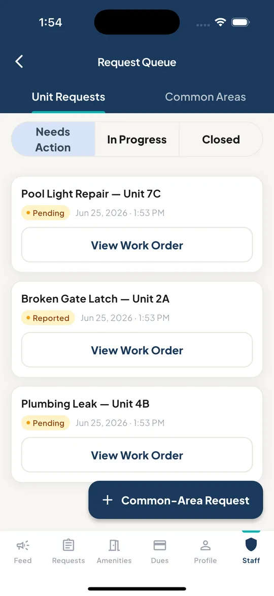 HOAHub staff request queue listing unit maintenance requests by status