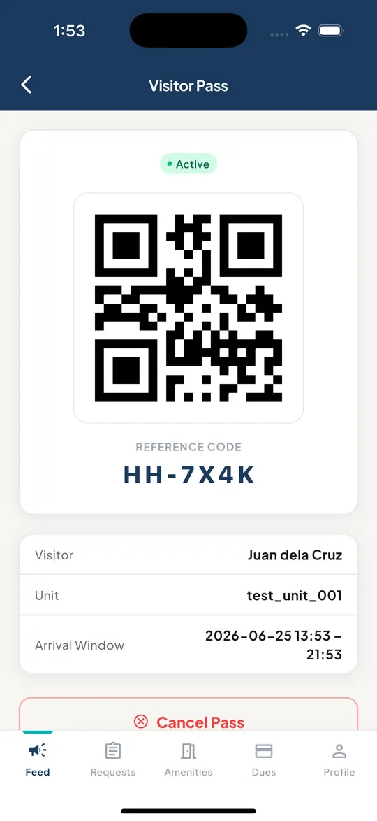 HOAHub visitor pass with QR code, reference code and arrival window